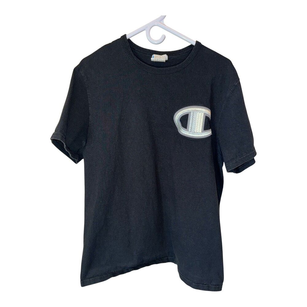 Champion Vintage 90s Distressed Embroidered Big Logo Black T-Shirt Large
